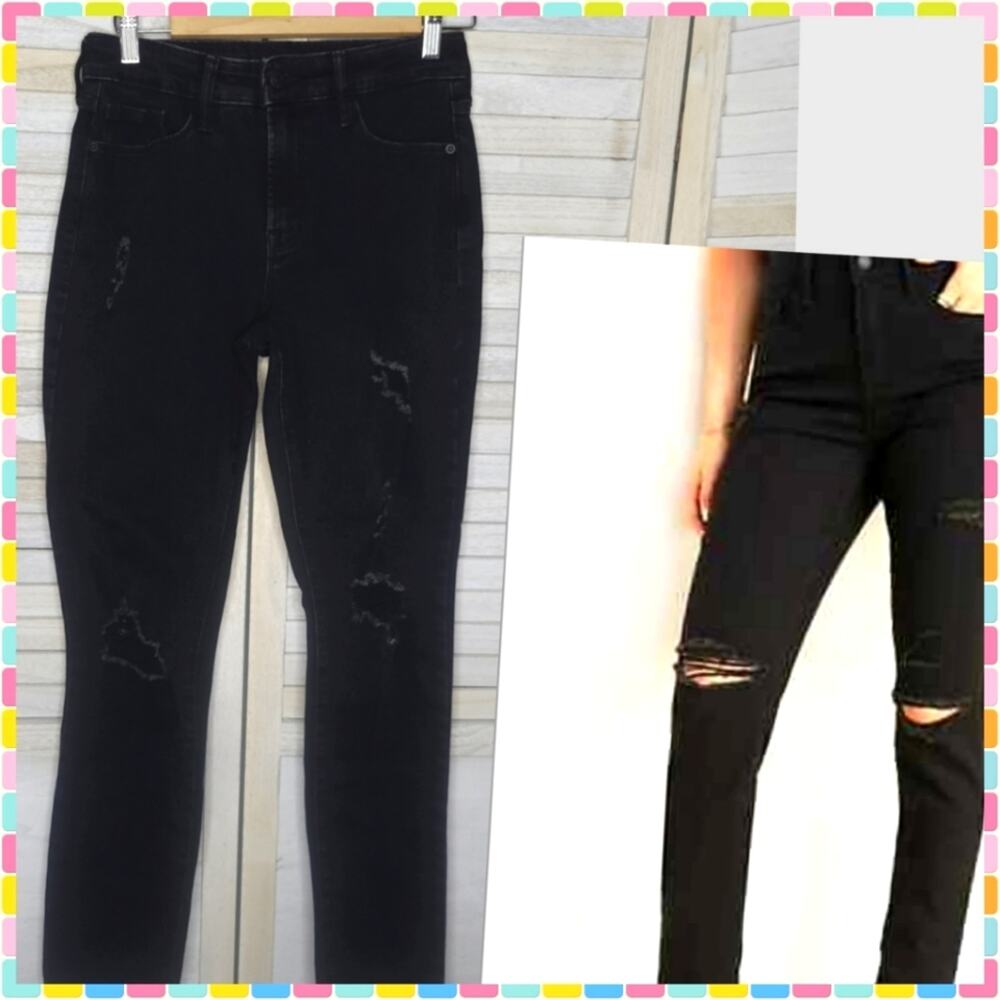 💛3/$15 Old Navy Power Slim Straight High Rise Black Distressed Jeans Size 4 28